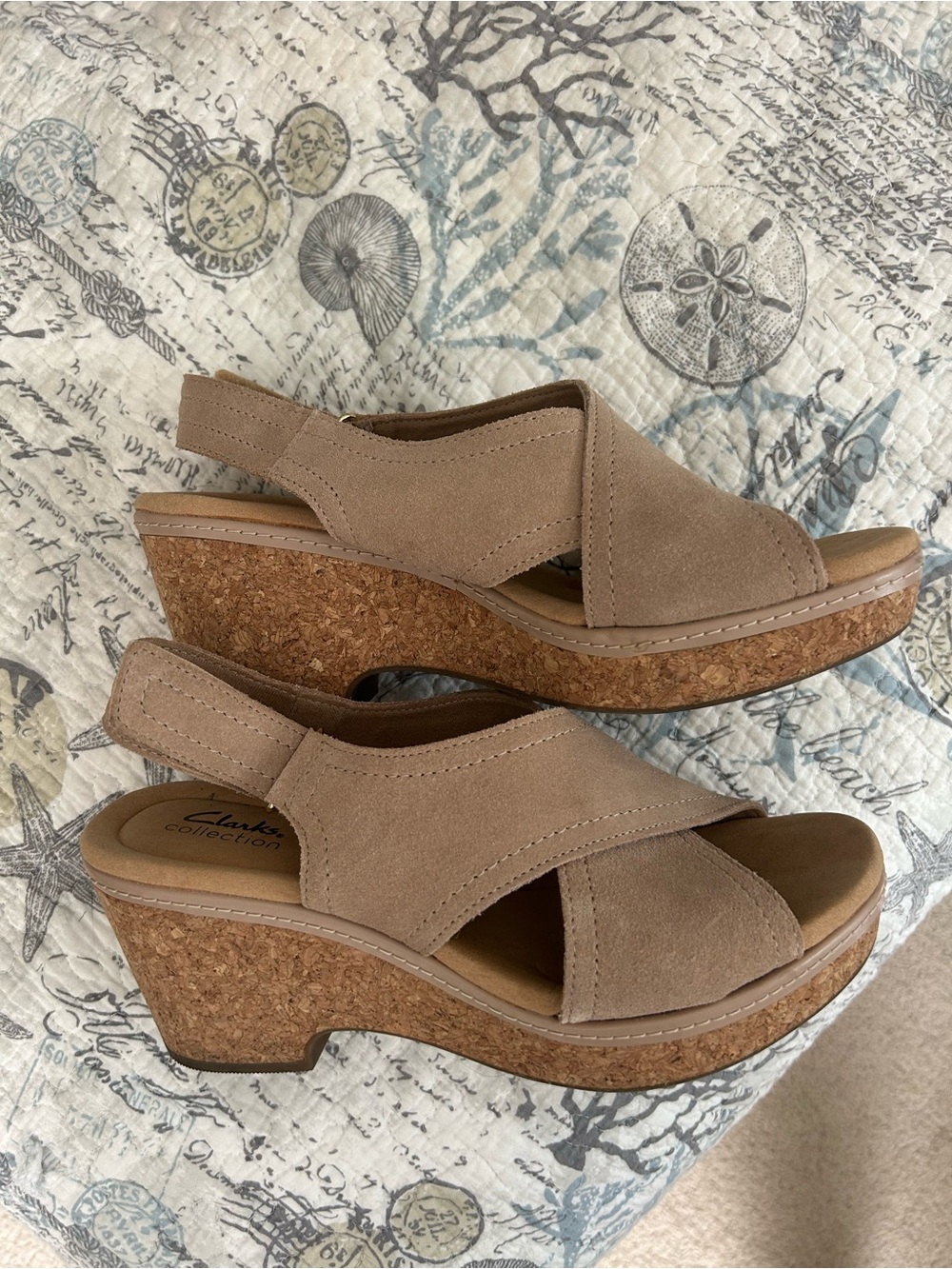 Clarks Taupe Suede Cork Wedge Slingback Sandals